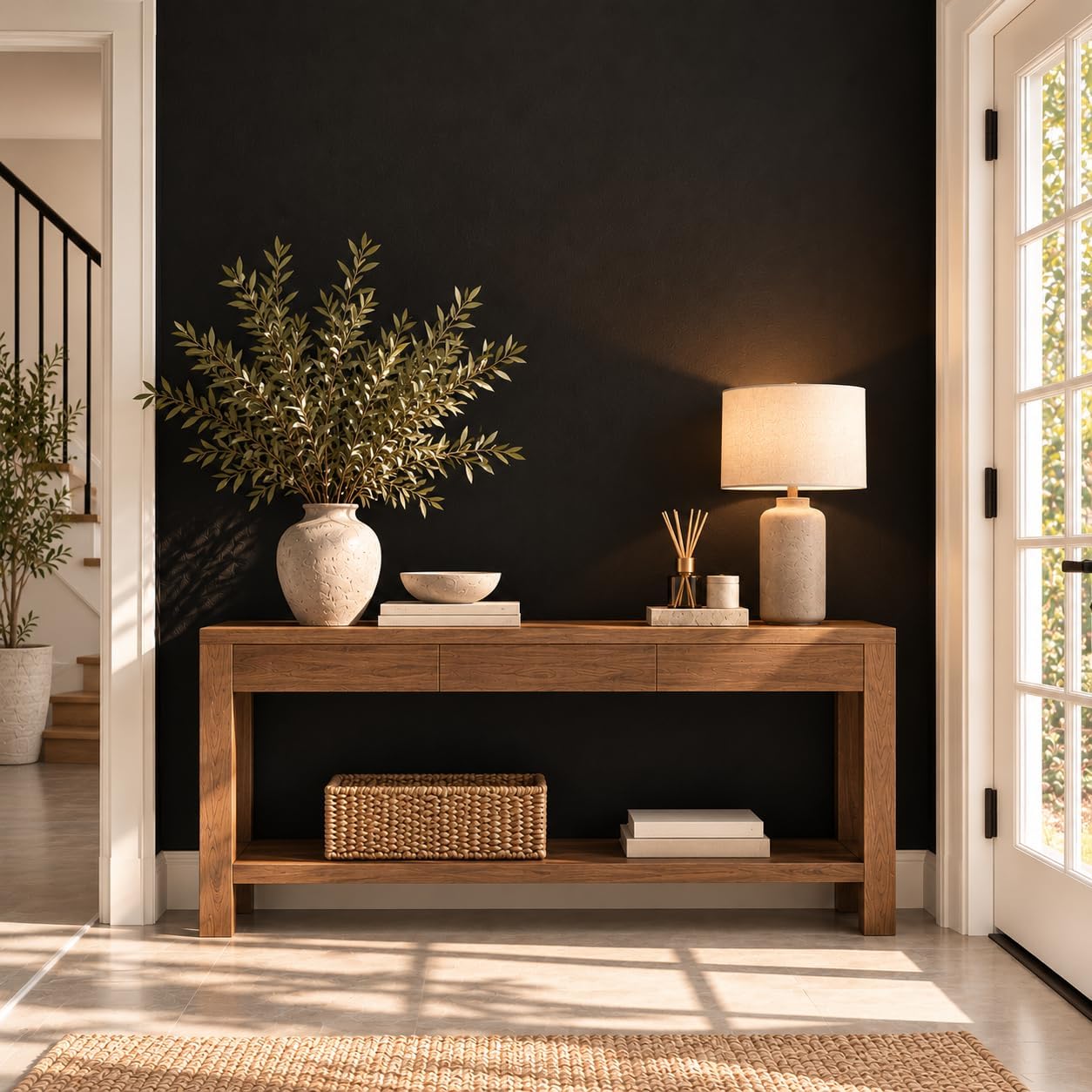Matte black accent wall behind a wooden console, styled with a lamp and greenery